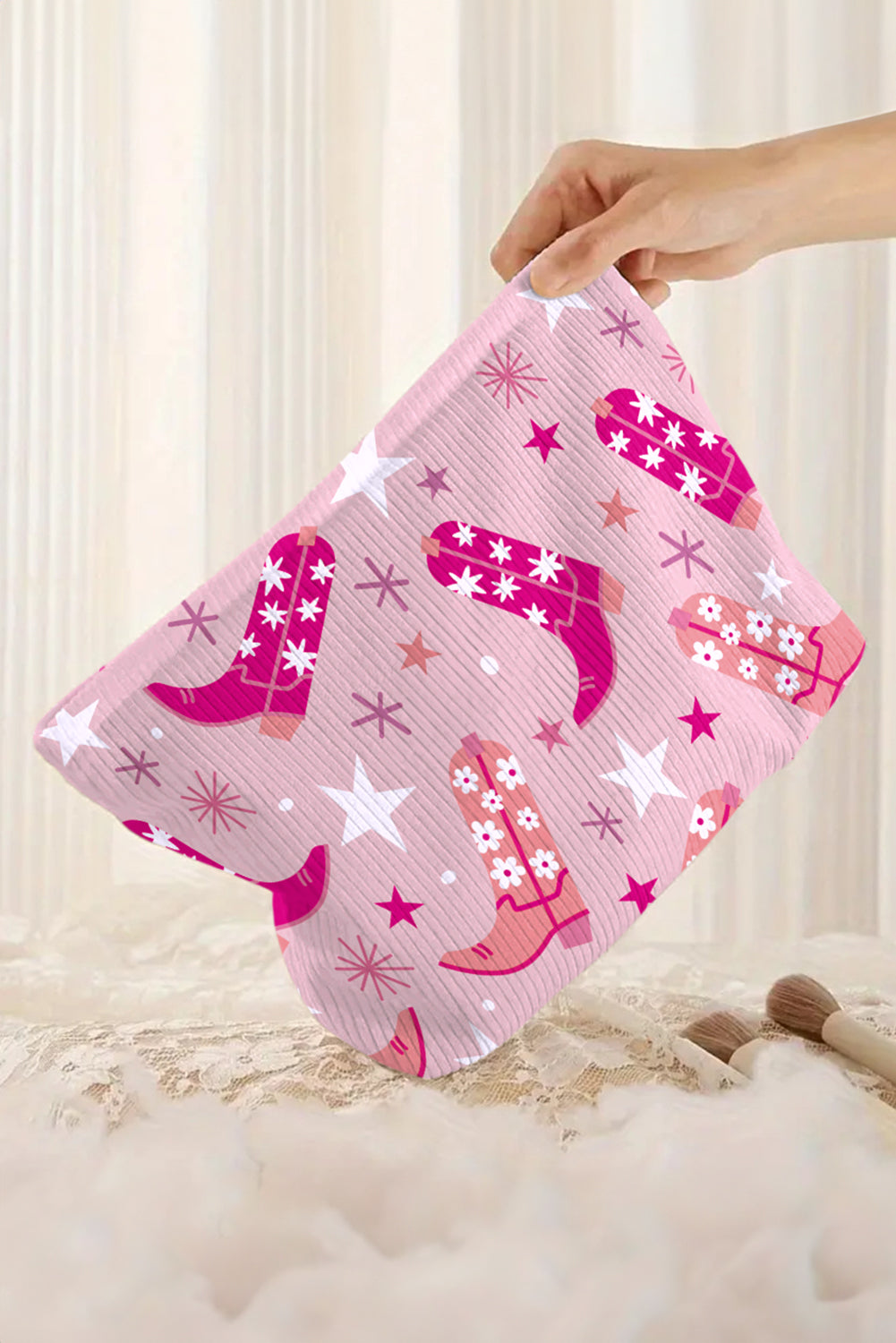 Pink Western Cowboy Boots Print Corduroy Makeup Bag