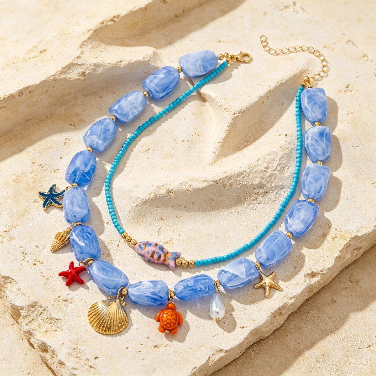 Women 2 Layer Boho Ocean Beaded Necklace, Blue Marbled Acrylic Starfish Turtle Shell Fish Charms Gold Plated Adjustable Summer Beach Vacation Jewelry Gift