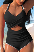 Black Ric Rac Trim Cutout One Piece Swimsuit