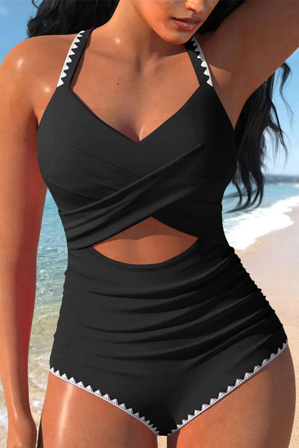 Black Ric Rac Trim Cutout One Piece Swimsuit