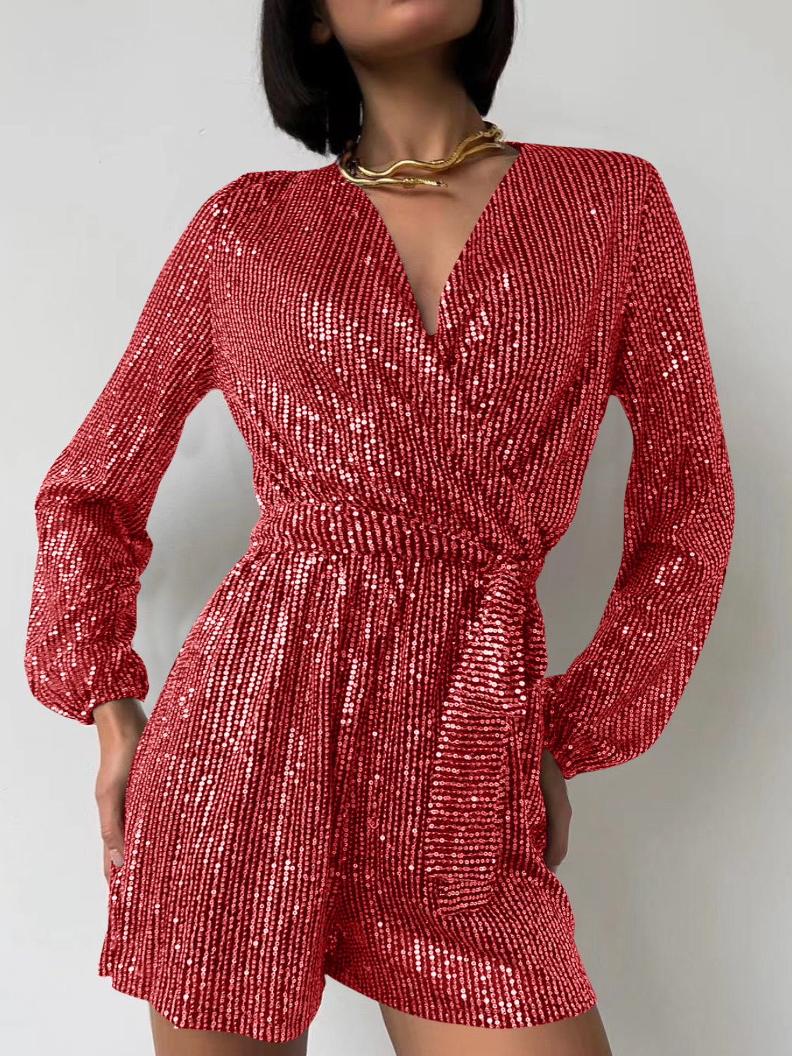 Sequin Surplice Tie Waist Long Sleeve Mini Romper