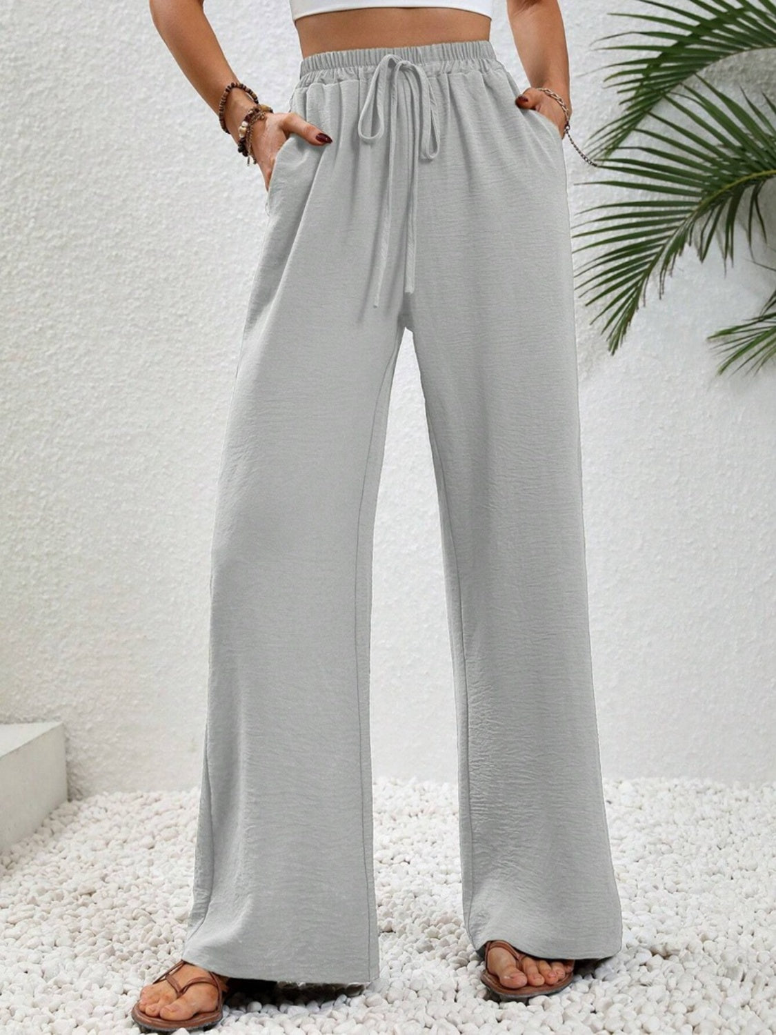 Women Wide Leg Drawstring Pants Lightweight Comfortable Trousers - Image 22