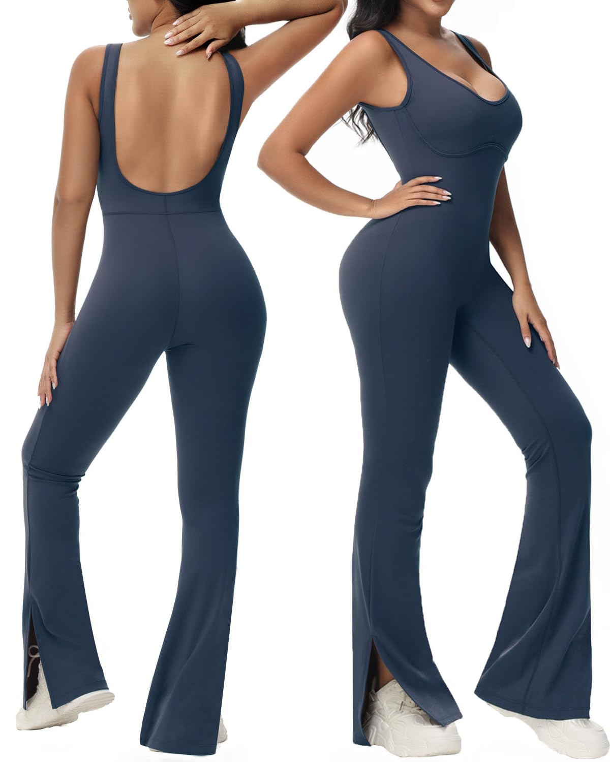 Wenlia One Piece Workout Jumpsuits for Women Slit Flared Athletic Jumpsuits Backless Yoga Running Bodycon Jumpsuit
