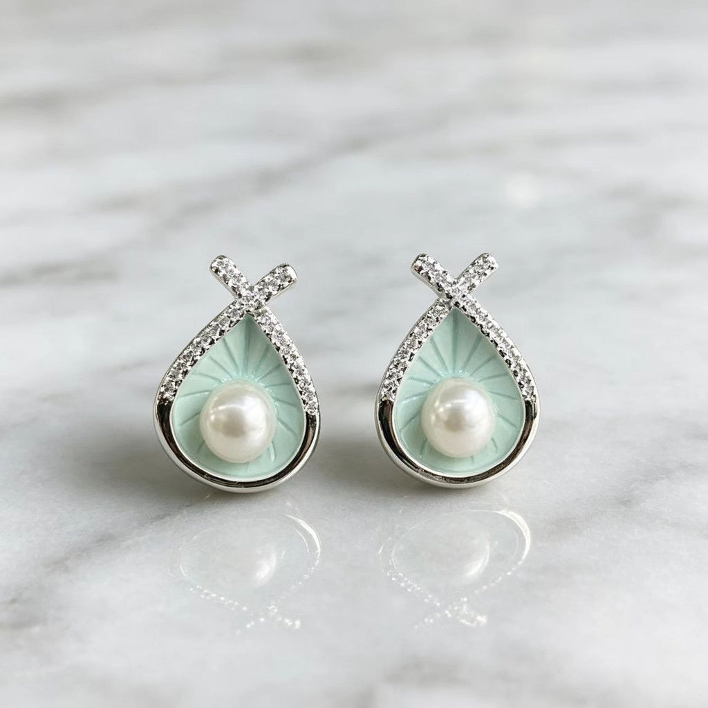 Full Cubic Zirconia Waterdrop Enamel Pearl Earrings