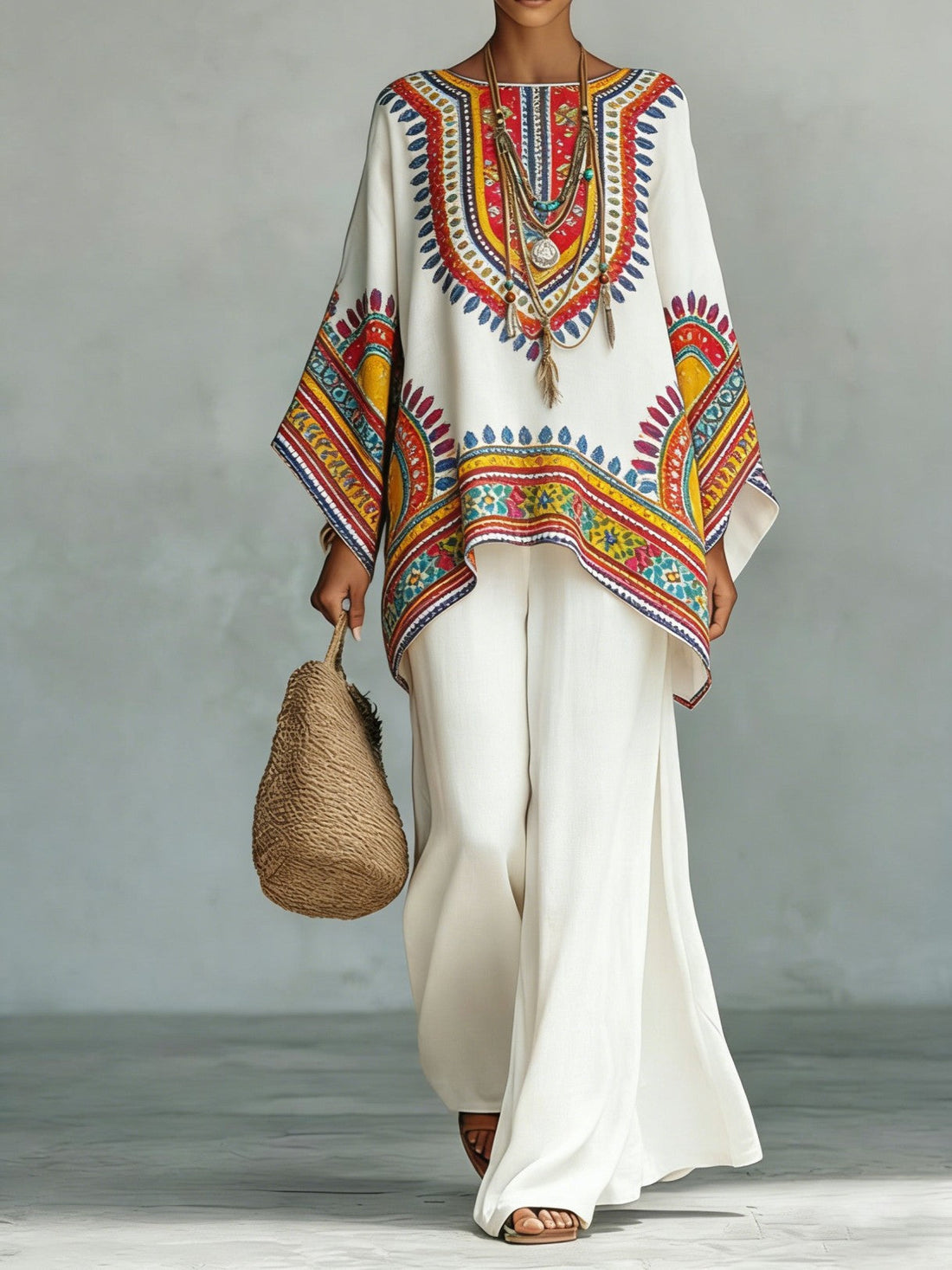Women's Bohemian Printed Long Sleeve Top and Wide Leg Pant Set