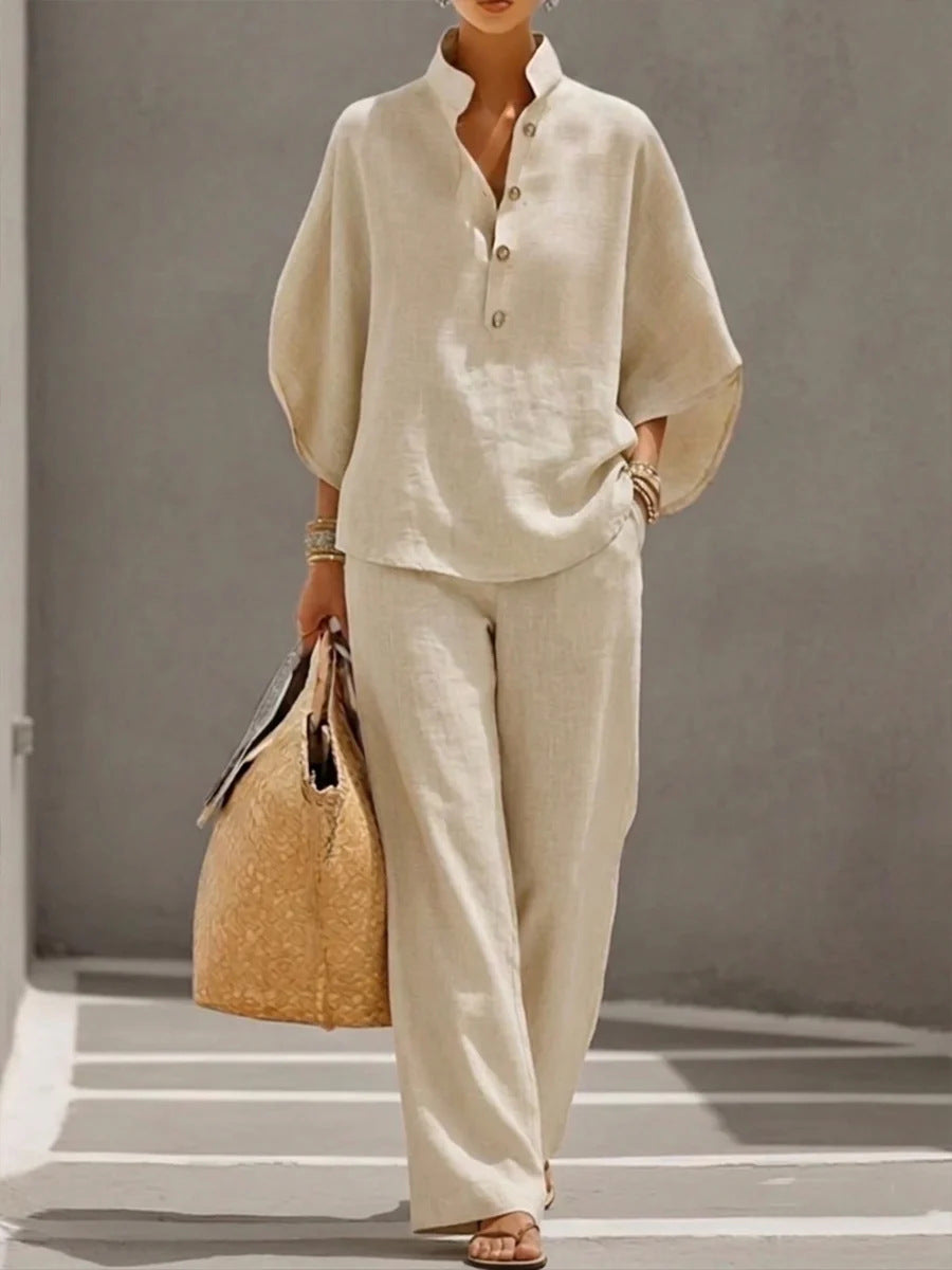 Women's Casual Linen-Look Shirt and Full-Length Pants Set - Image 8