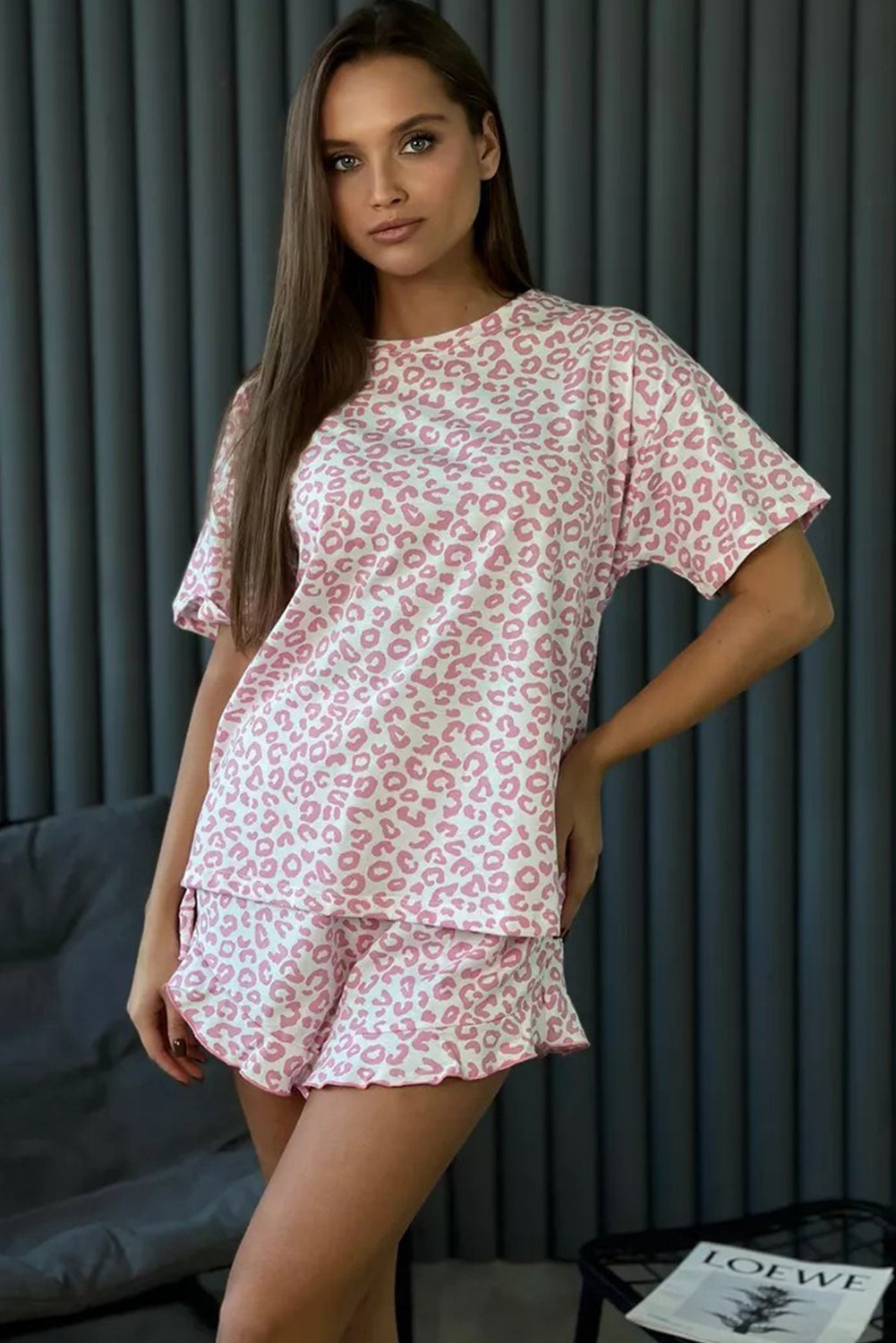 Pink Leopard Print Pajama Set | Round Neck Top & Ruffle Shorts