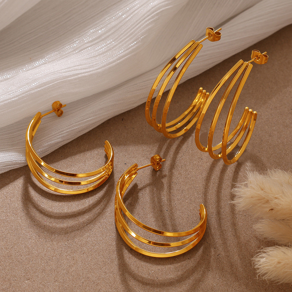 Elegant & Versatile Vintage Bold C-Shaped Earrings, 18K Gold Plated Stainless Steel, Minimalist Multi-Layer Women's Earrings