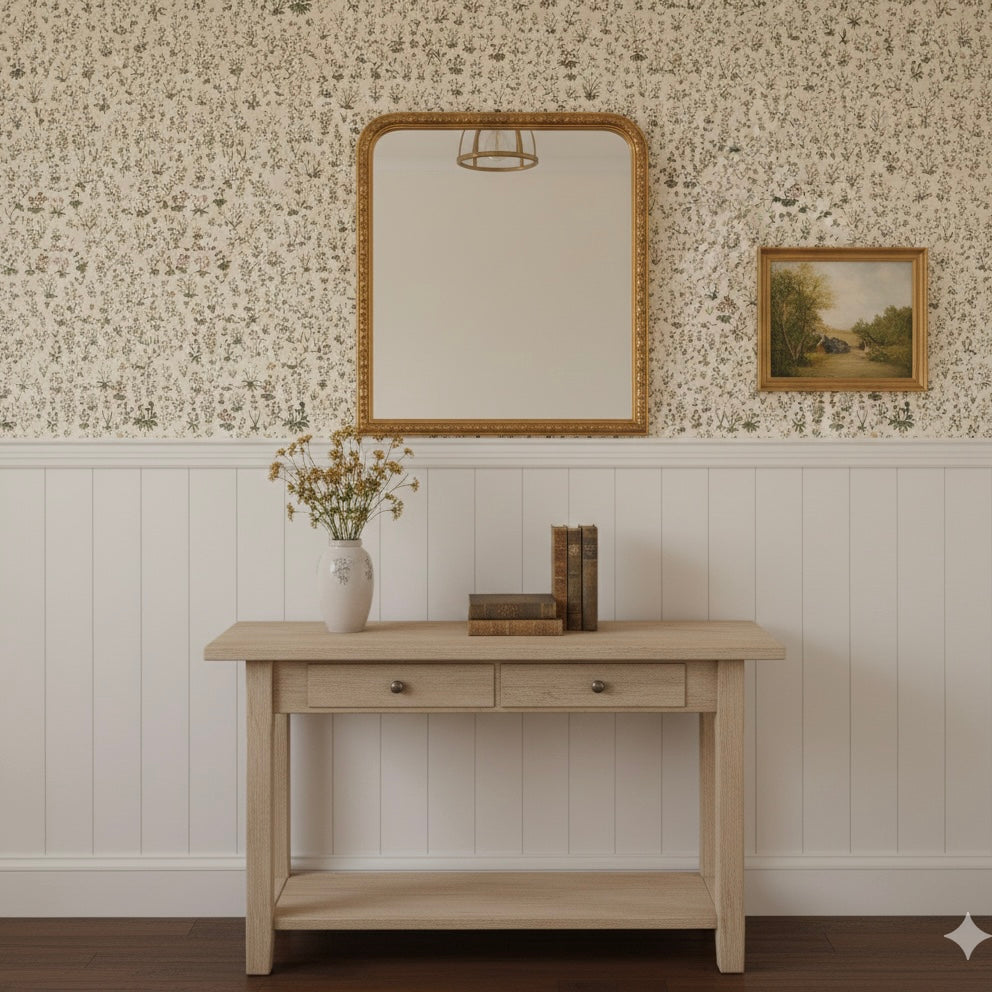 Evelyn vintage floral wallpaper in muted beige and green tones.