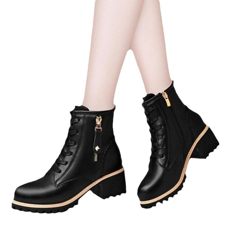 Women's Black Leather Lace-Up Ankle Boots with Zipper - Image 5