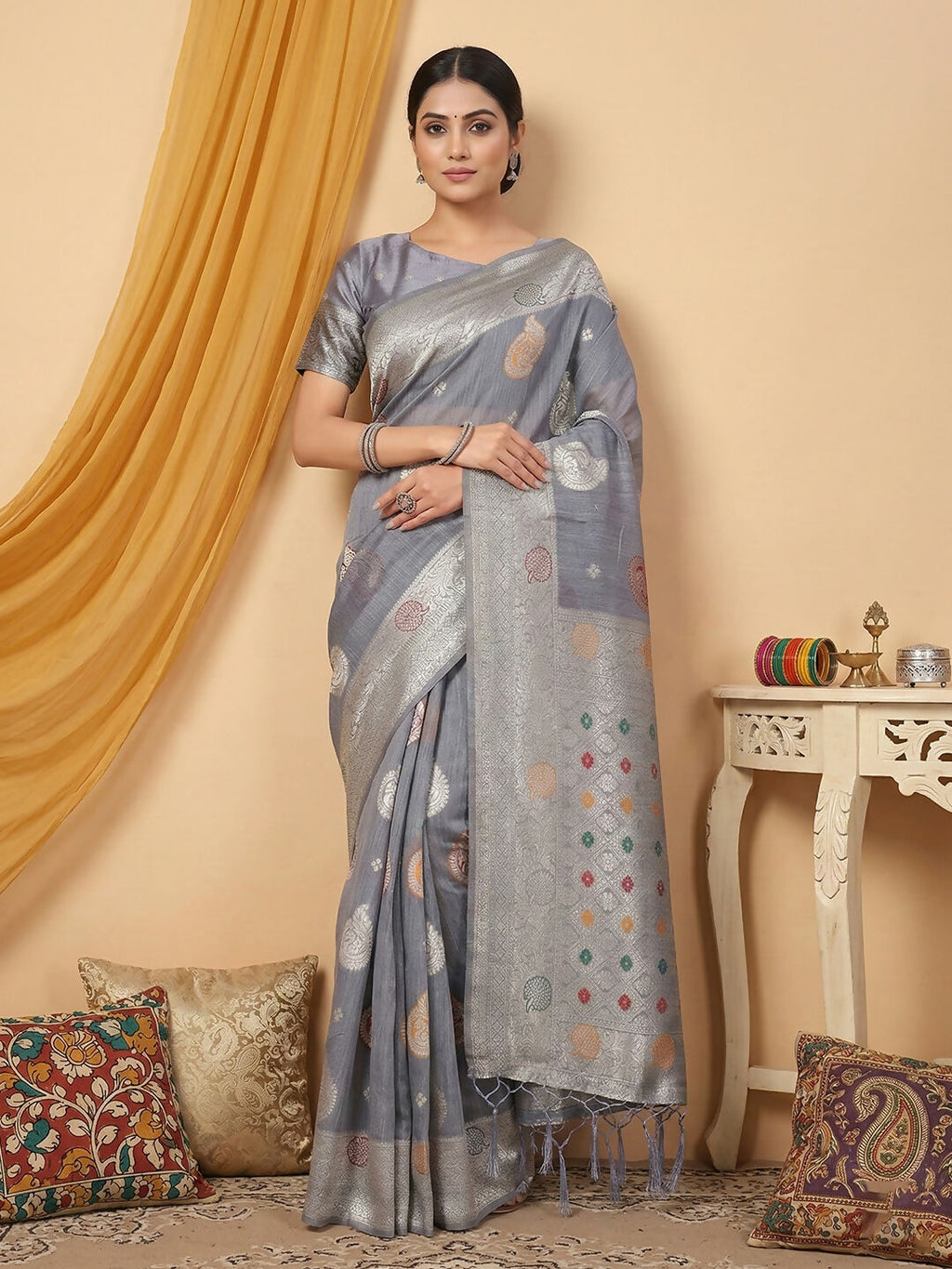 Grey linen cotton saree with matching blouse piece