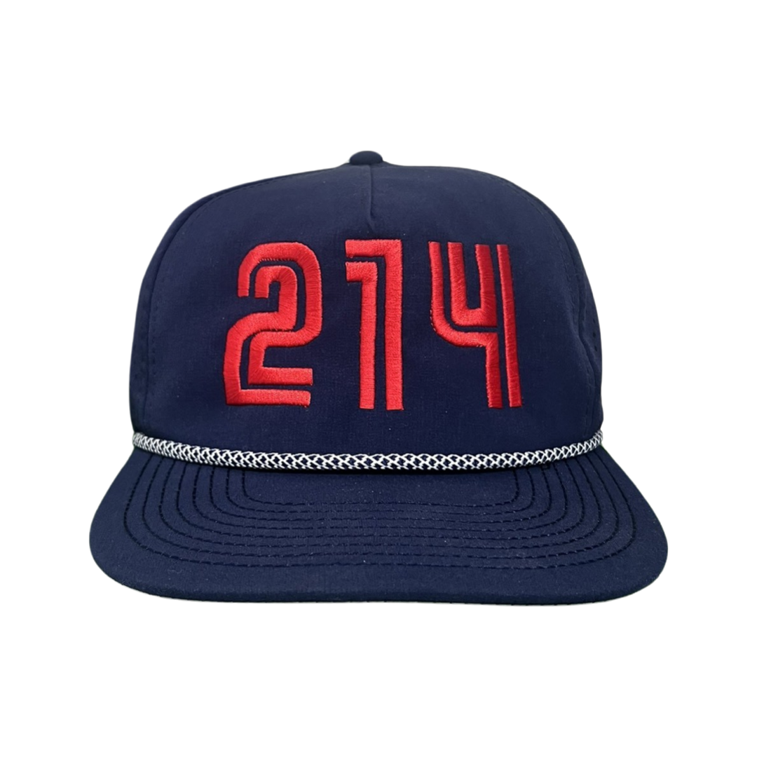 Front view of 214 embroidered water-resistant snapback hat in a laser-cut design