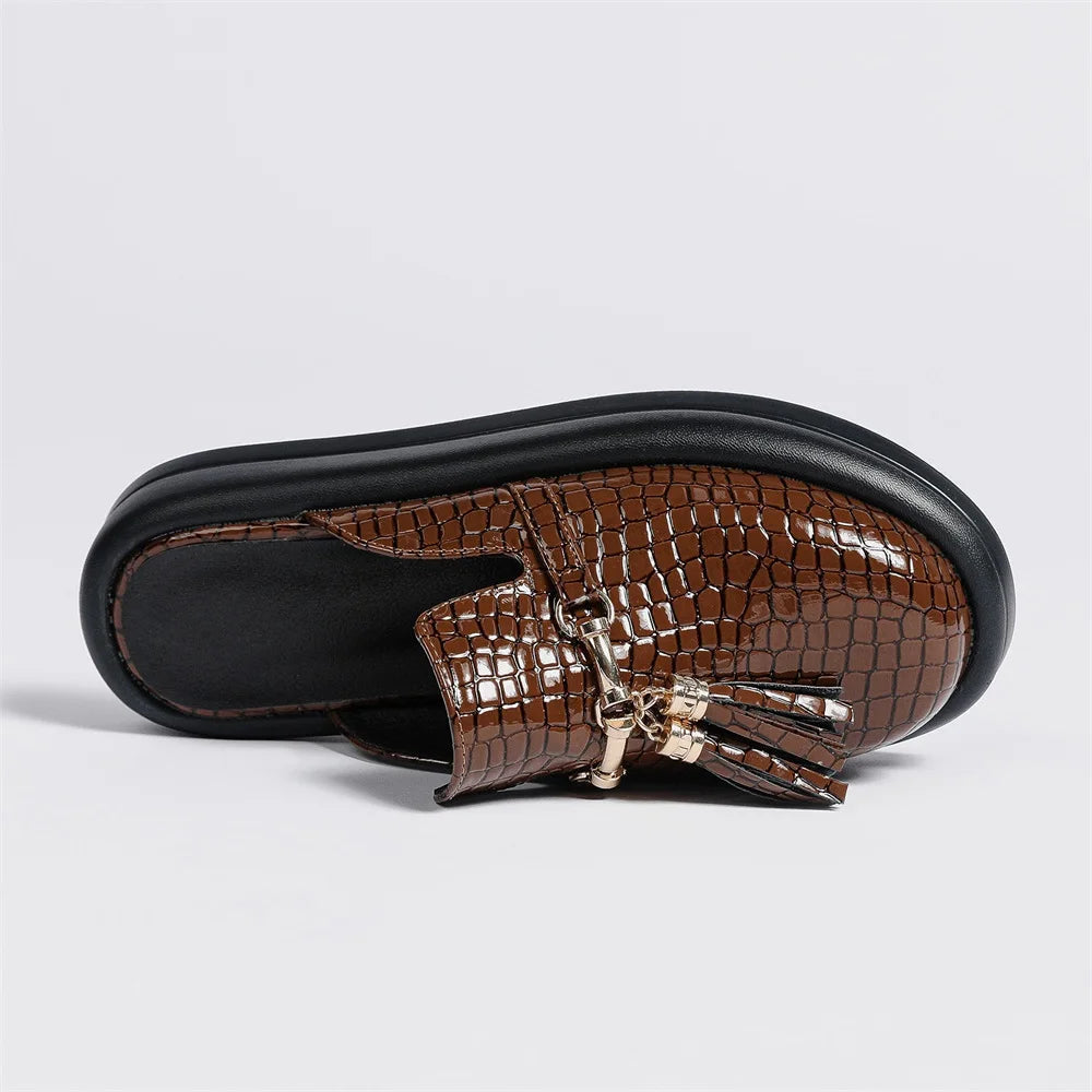 Black Croc-Embossed Tassel Mule Flats Women's Slip-On Shoes - Image 5