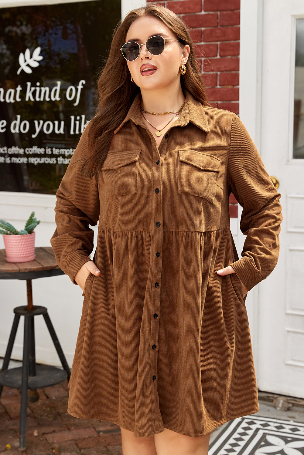 Plus Size Corduroy Button-Up Collared Shirt Dress