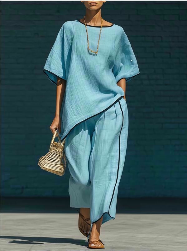 Women's Loose Linen-Blend Short Sleeve Top and Pant Set - Image 11