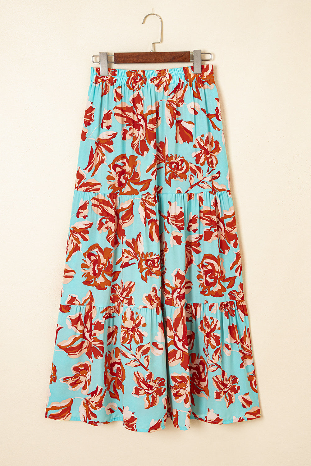 Blue Bohemian Floral Tiered Maxi Skirt with Side Split