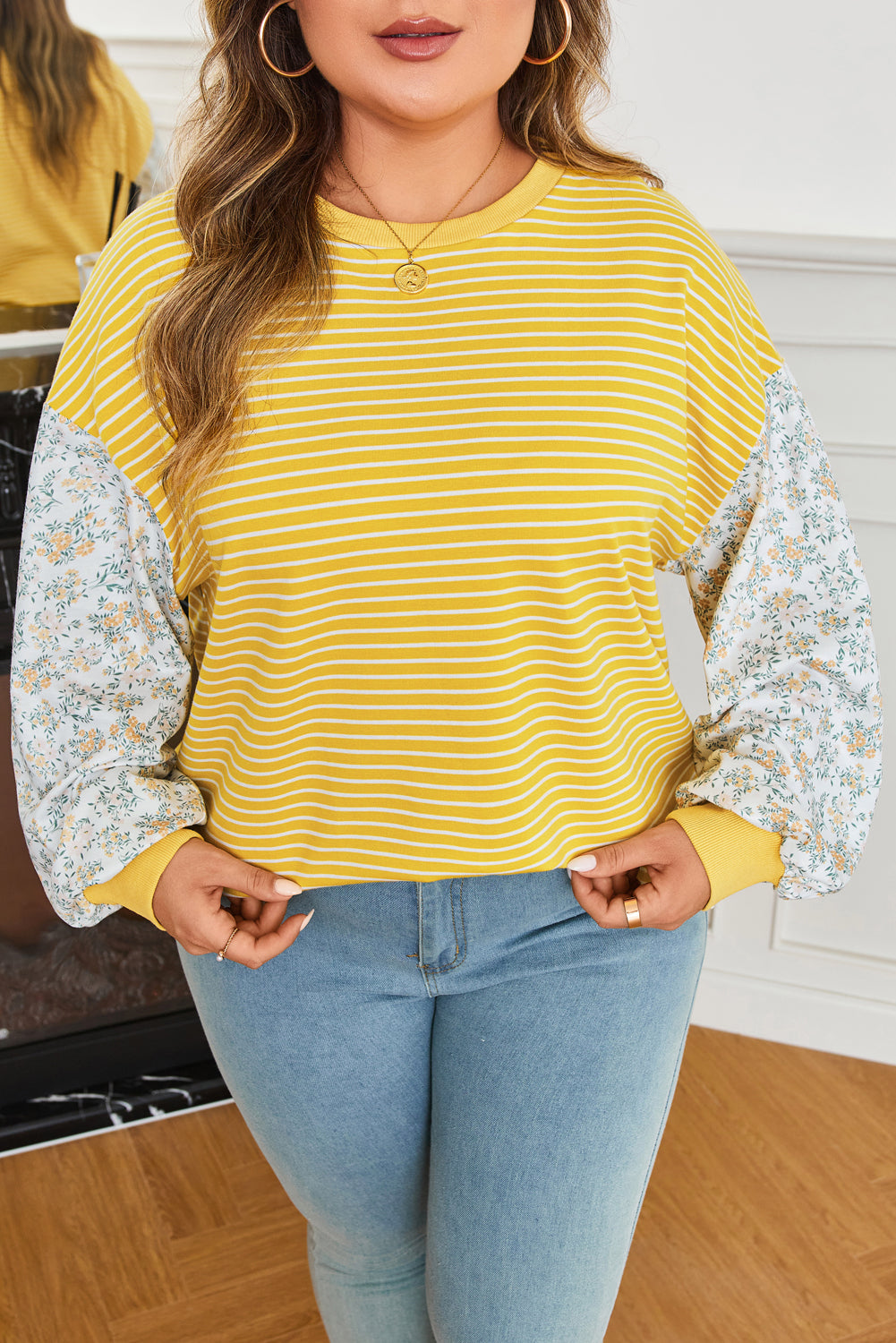 Yellow Stripe Floral Patchwork Long Sleeve Crewneck Top