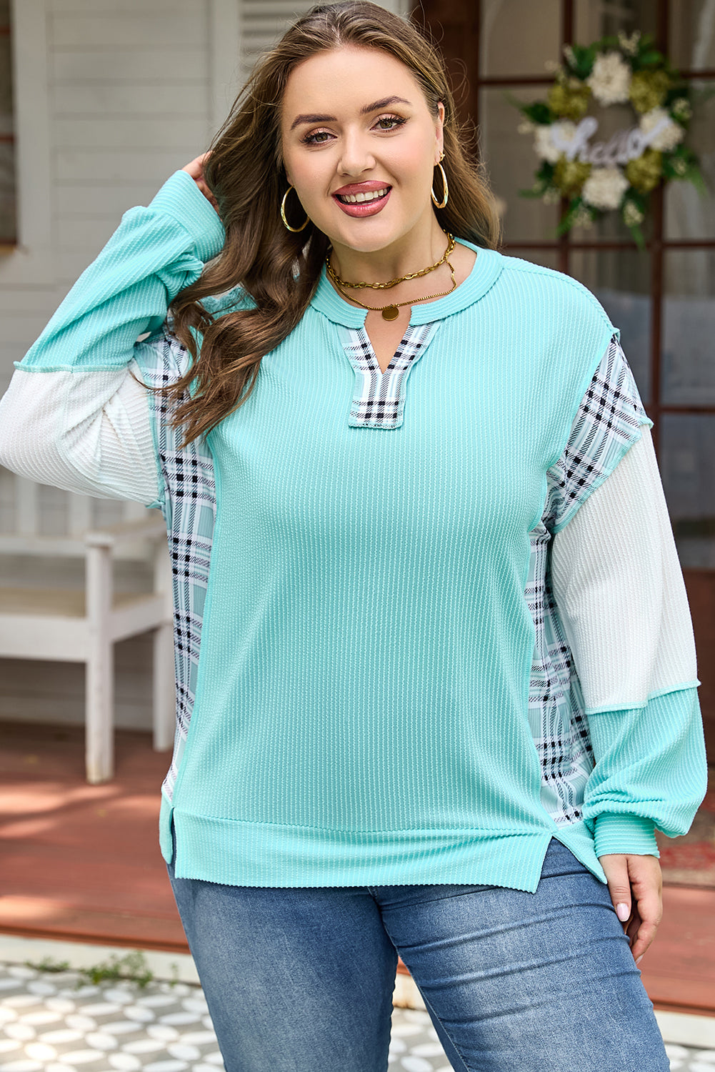 Plus Size Plaid Patchwork Corded Knit Long Sleeve Top