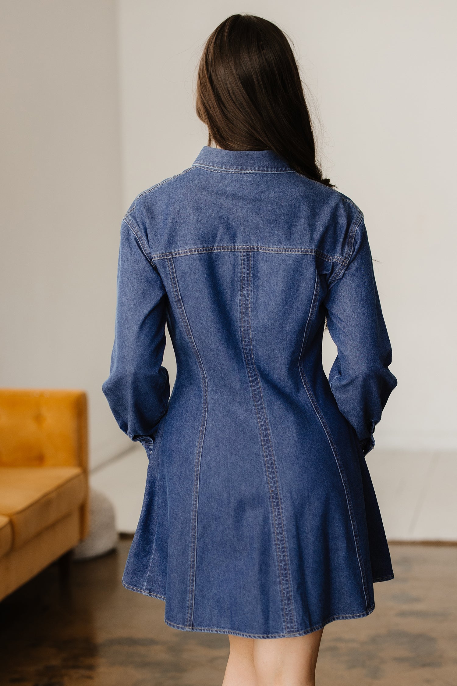 Zoe Long Sleeve Denim Flared Mini Dress in Classic Blue - Image 2