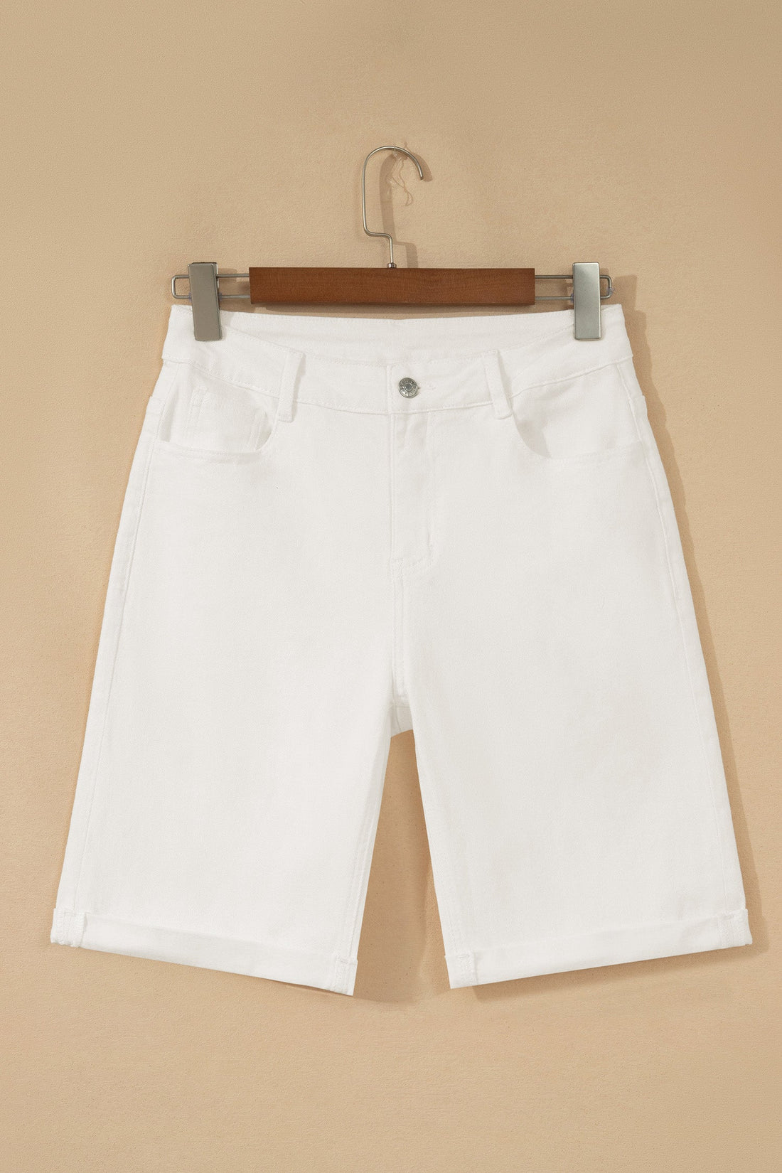Solid White Denim Bermuda Shorts - High Rise Knee Length Fit