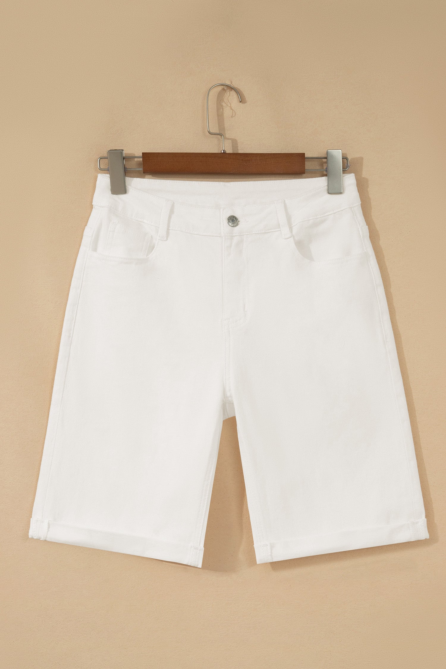 Solid White Denim Bermuda Shorts - High Rise Knee Length Fit