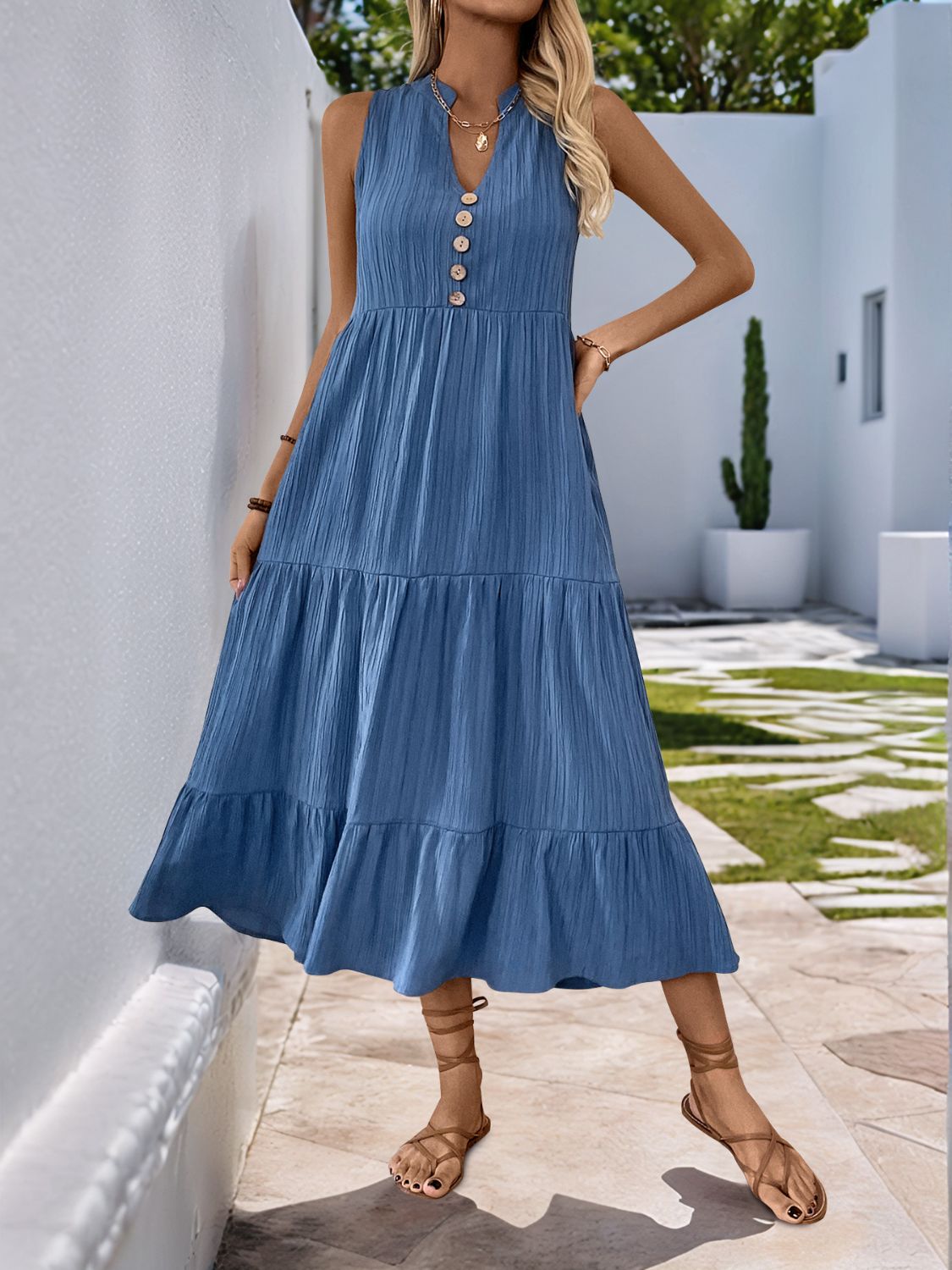 Dusty Blue Sleeveless Notched Button Dress Minimalist Style