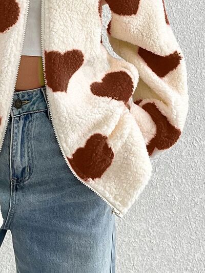 Women's Heart Zip Up Faux Fur Jacket Y2K Streetwear Fluffy Coat