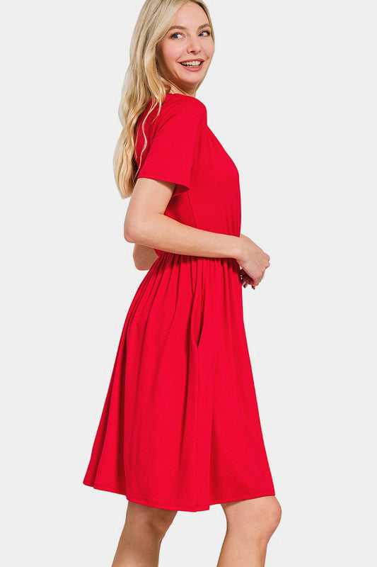 Red Surplice Short Sleeve Brushed DTY Dress