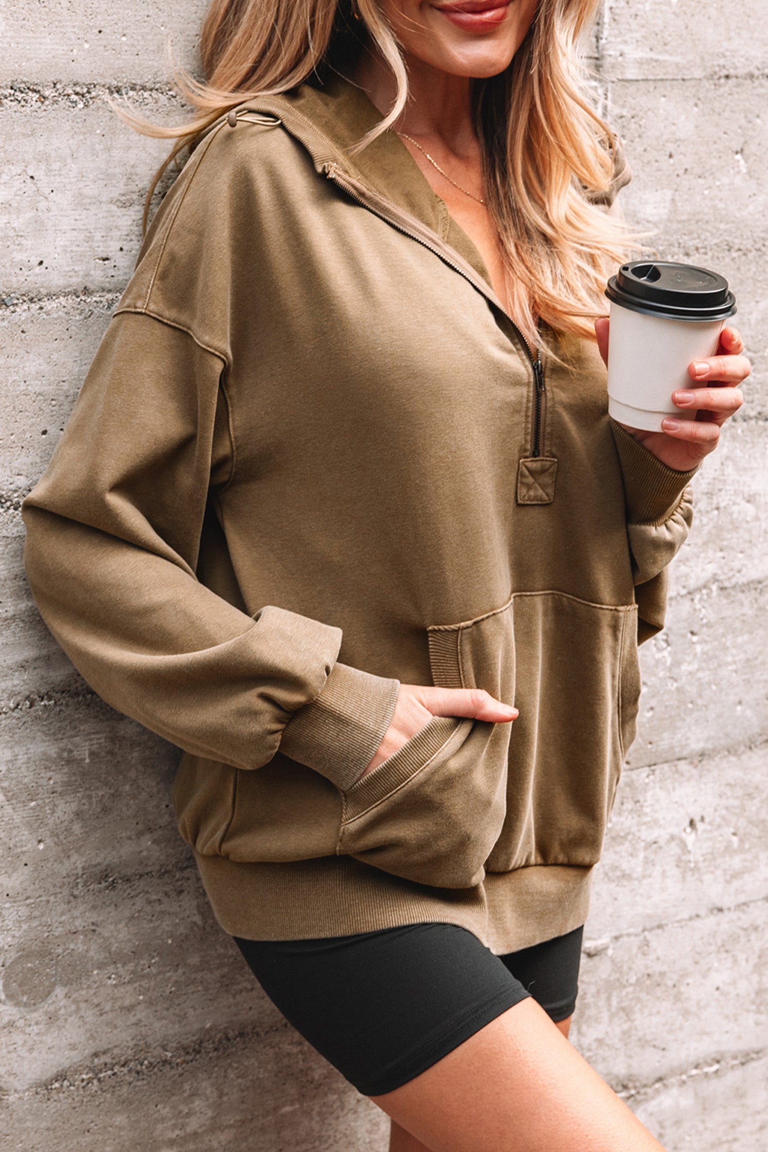 Black Half Zip Kangaroo Pocket Mineral Wash Baggy Hoodie