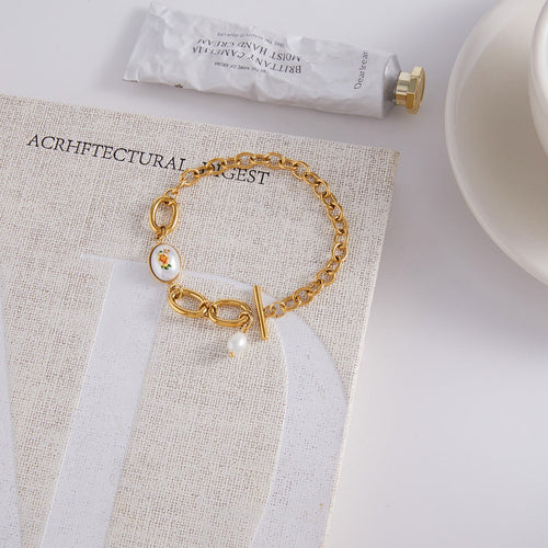 18K Gold Plated Titanium Steel Freshwater Pearl Link Bracelet