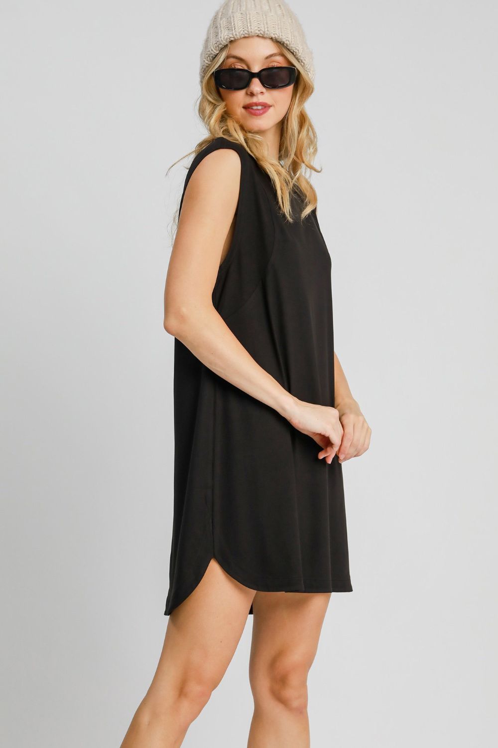 Minimalist Black Sleeveless High-Low Mini Dress with Curved Hem