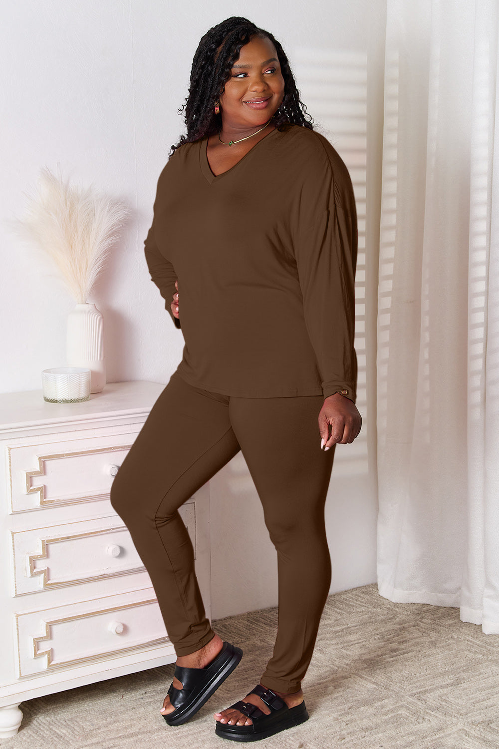 Women's V-Neck Long Sleeve Lounge Set in Soft Rayon Knit