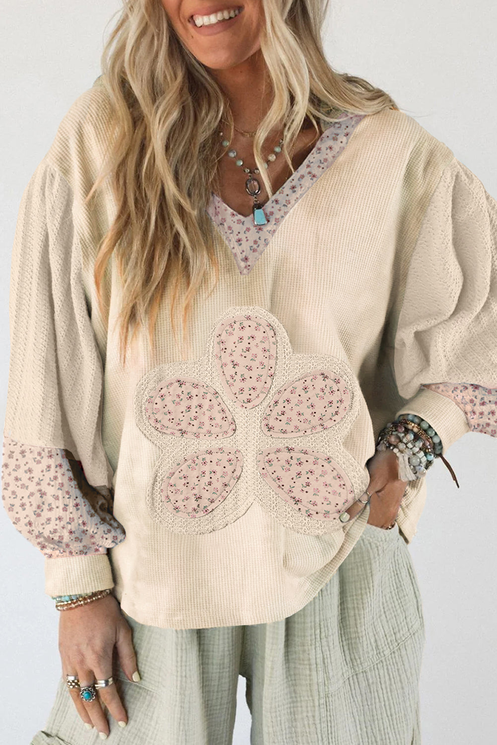 Beige Floral Textured Colorblock Patchwork Bishop Sleeve Hooded Top