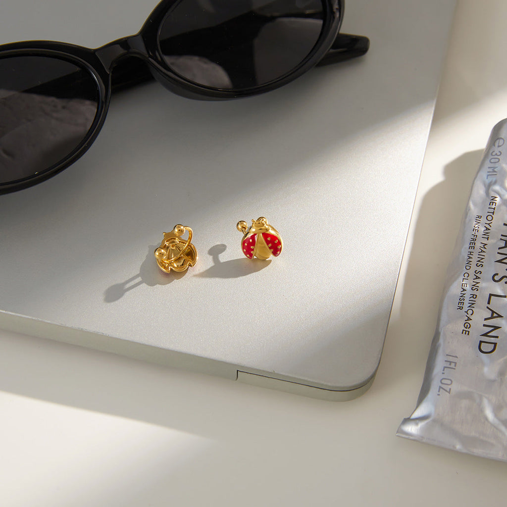 Gold Ladybug Ear Cuff with Pearl Stud in Waterproof Stainless Steel