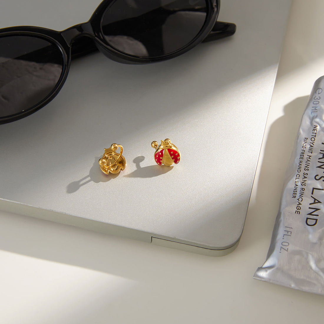 Gold Ladybug Ear Cuff with Pearl Stud in Waterproof Stainless Steel