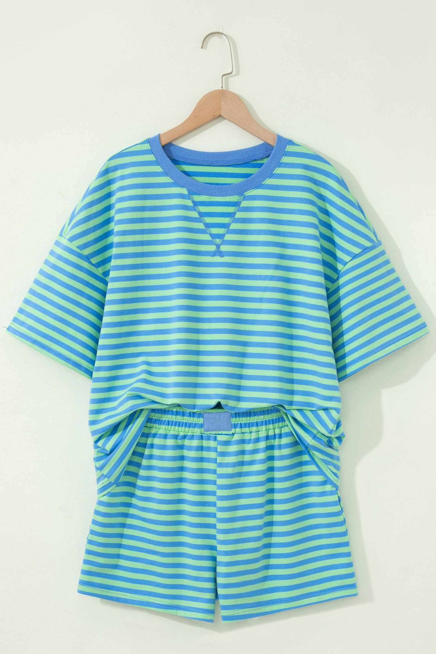 Women's Striped Cotton Short Sleeve Top & Elastic Waist Shorts Set
