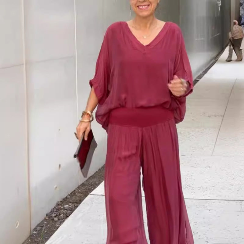 Solid Color Chiffon Two-Piece Set with V-Neck Top and Trousers - Image 5