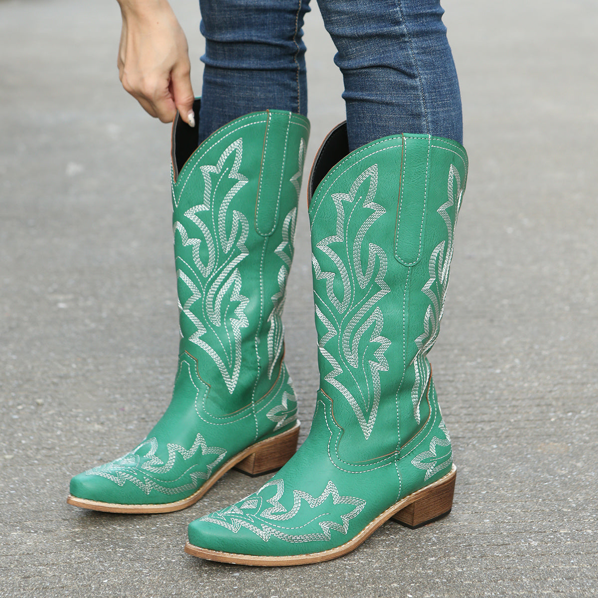Women's Mid Calf Red Western Cowgirl Boots with White Embroidery - Image 12