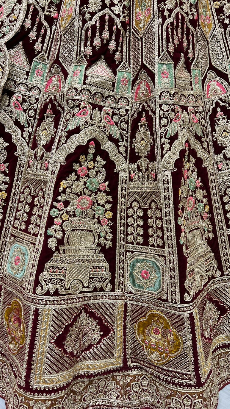 Maroon Velvet Embroidered Wedding Lehenga Choli with Diamond Work