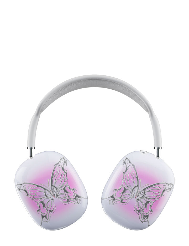 Chrome butterfly design with a purple aura on an AirPods Max cover.