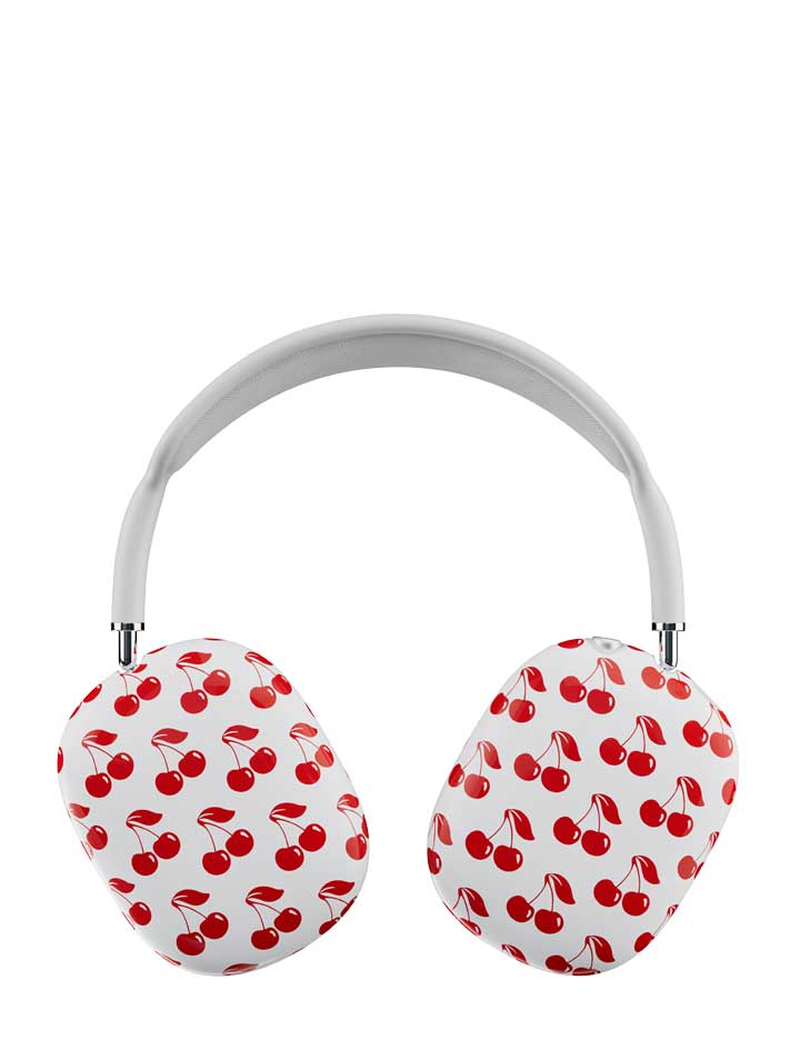 White AirPods Max headphone covers featuring a red cherry pattern