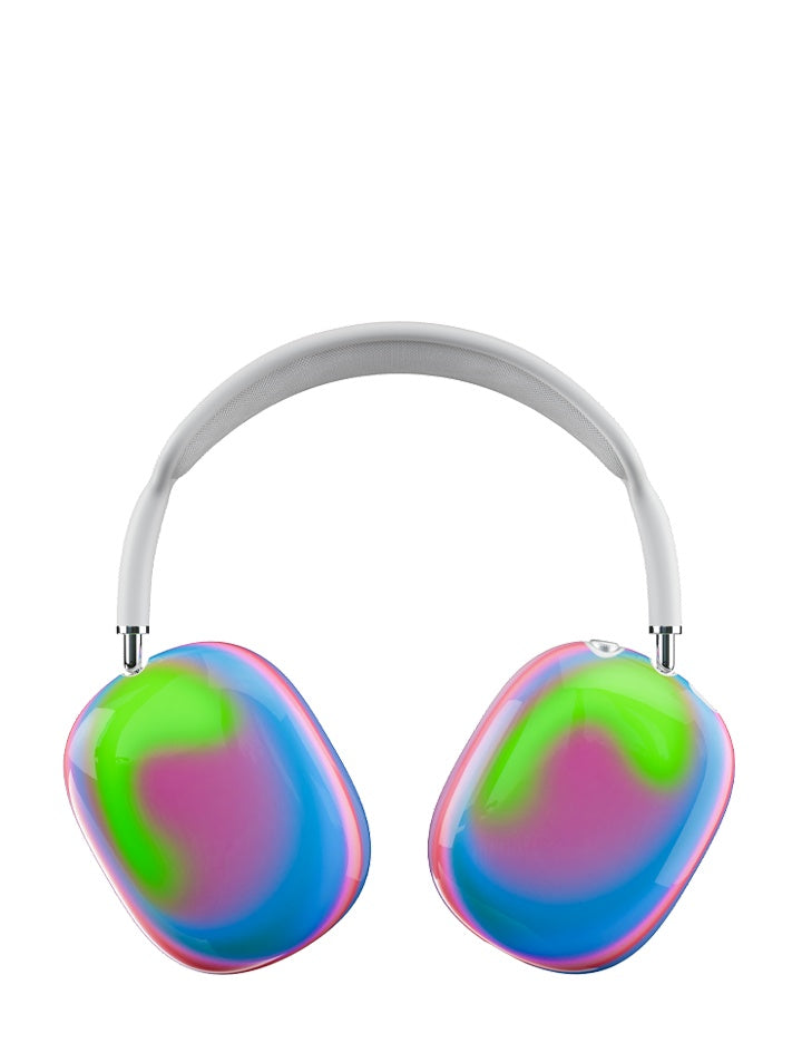 Close up of colorful iridescent Aura AirPods Max protective cover on headphones