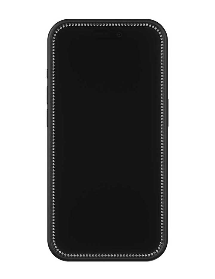 Close-up of a smartphone with a sparkling embellished tempered glass screen protector.
