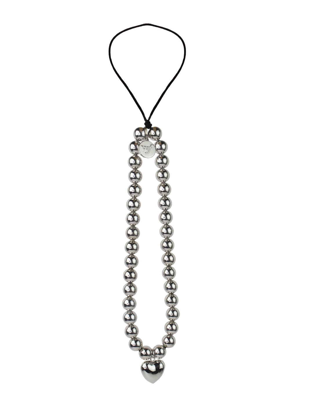 Chrome beaded phone wristlet strap with a heart-shaped charm against a white background.