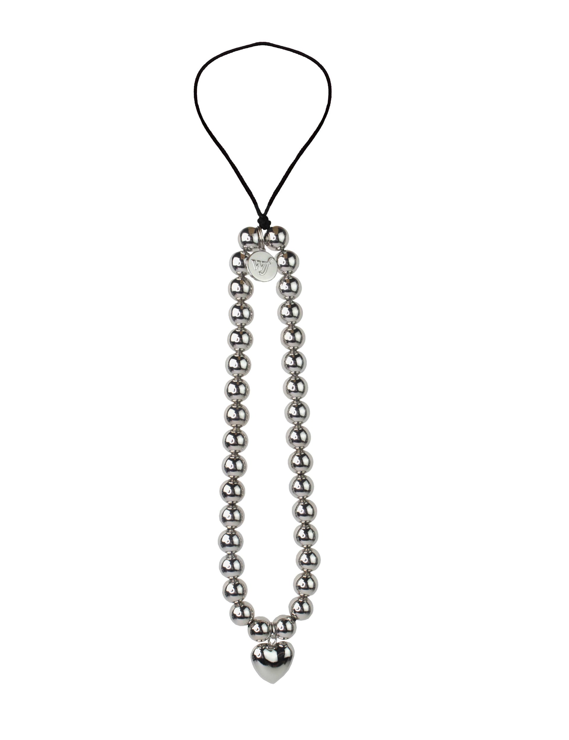 Chrome beaded phone wristlet strap with a heart-shaped charm against a white background.