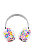 Close up of AirPods Max headphones wearing a white protective cover with a colorful clown and circus pattern.