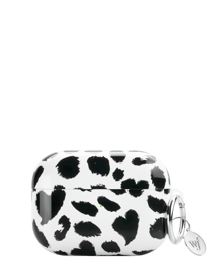 Dalmatian print AirPods Pro protective case with a silver keychain ring.