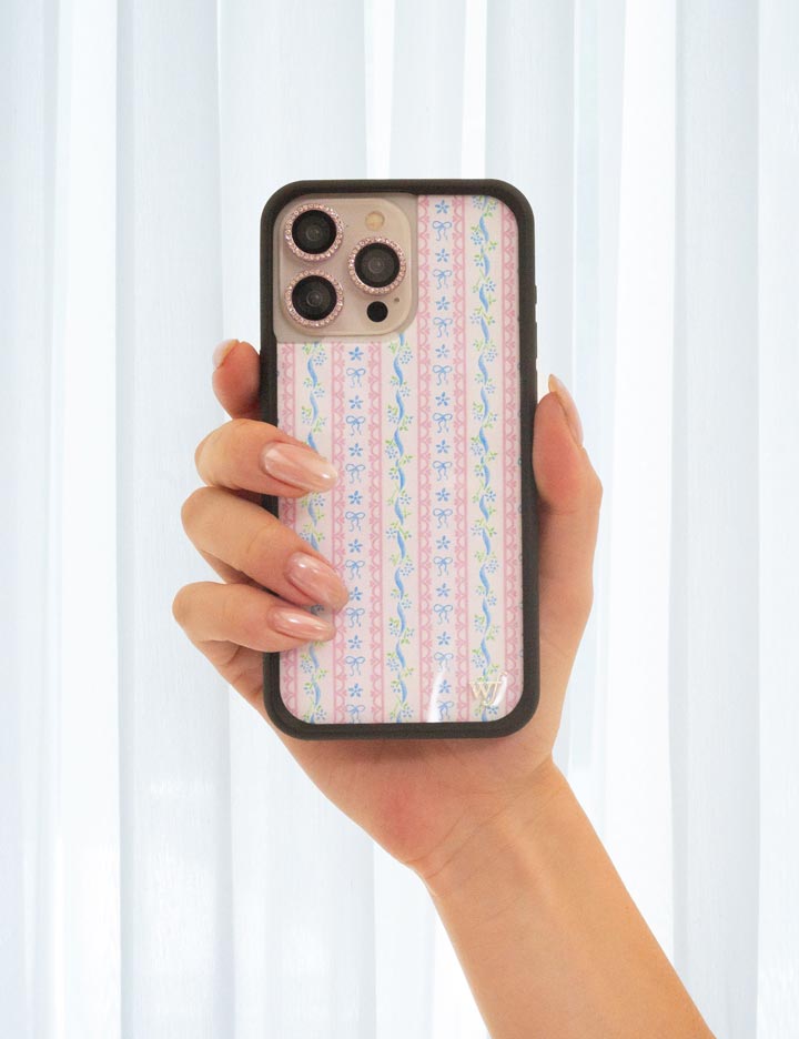 Dollhouse iPhone Case with Pink Lace Stripes and Blue Bow Details