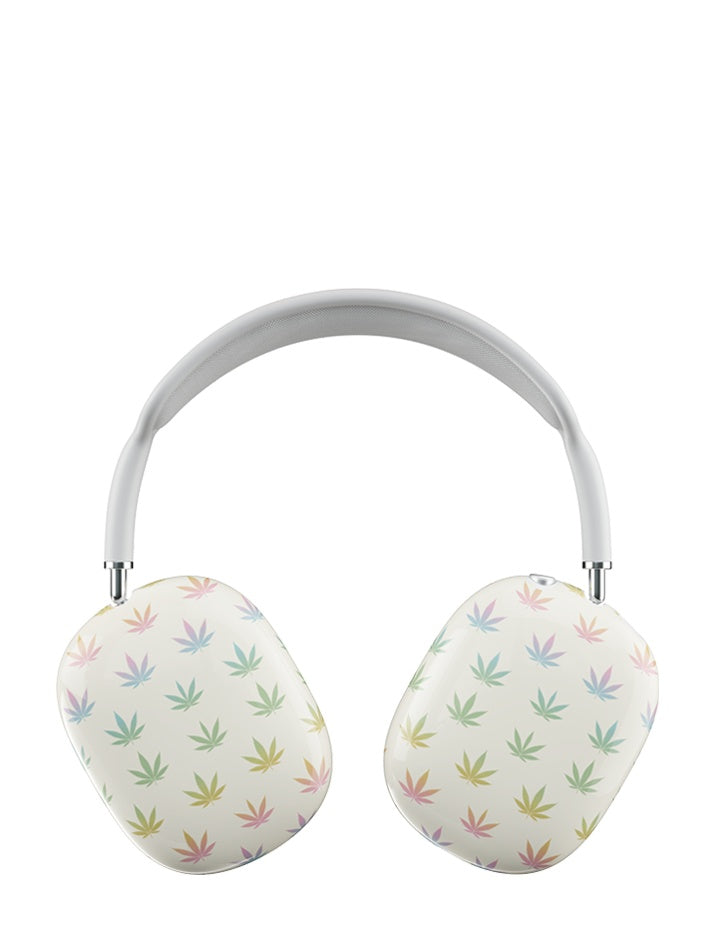 Miss Mary Jane AirPods Max cover with pastel leaf print pattern on a cream background