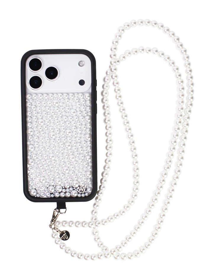 White pearl crossbody phone strap attached to a black and white pearl iPhone case, shown against a white background.